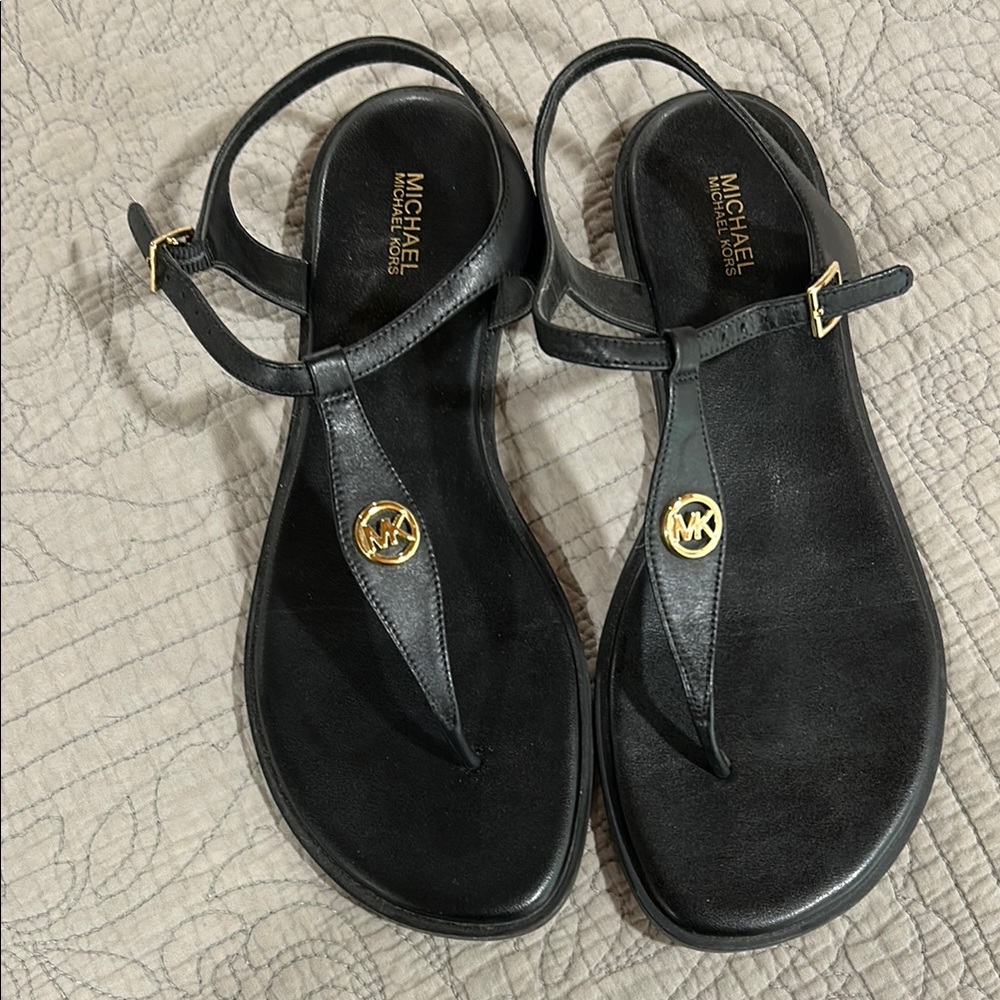 Michael Kors Black T-Strap Sandals with Gold Embellishment